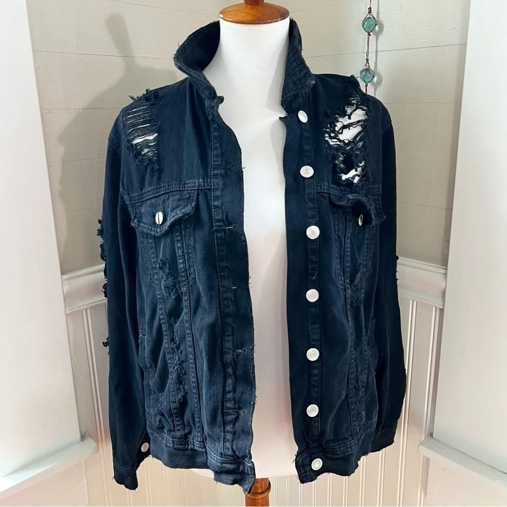 ASOS Thrashed Black Denim Trucker Jacket Destroyed Distressed Size Medium - Picture 11 of 14